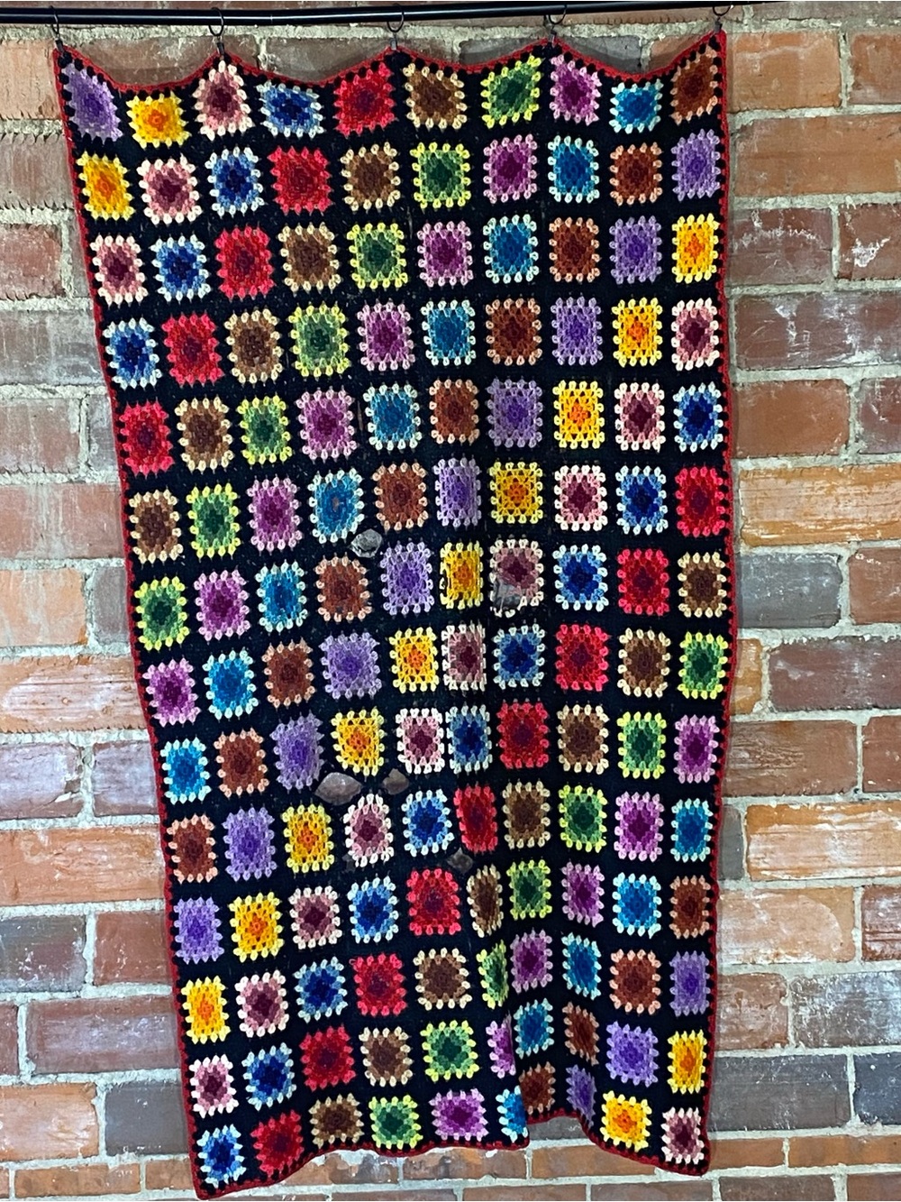 Vintage Granny Square Afghan 40” x 69” MCM Roseanne Grandma Core